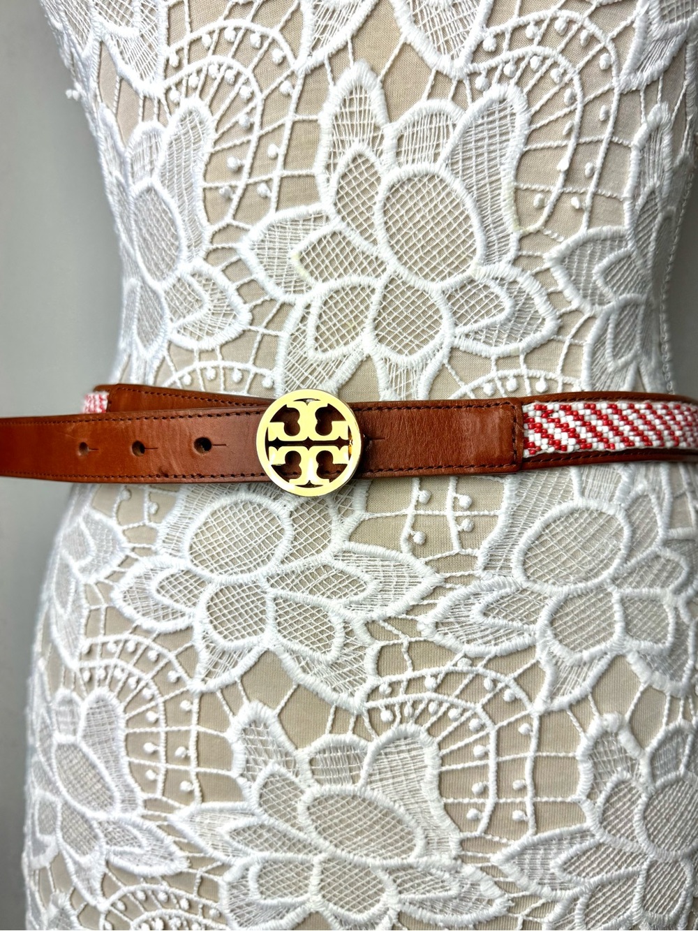 Tory Burch Cognac Leather Beaded Belt with Red and White Beads with TT Buckle XS